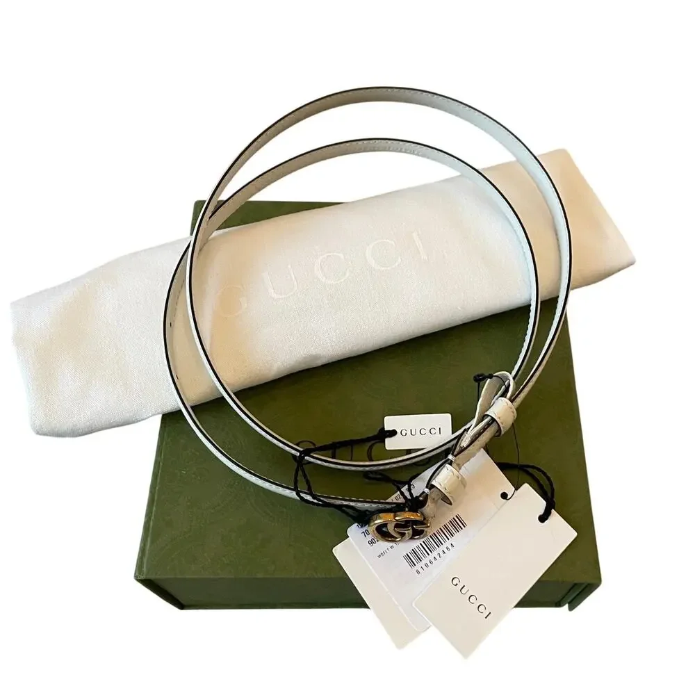 NEW GUCCI Cream Thin Patent Leather Marmont Double G Belt 707327